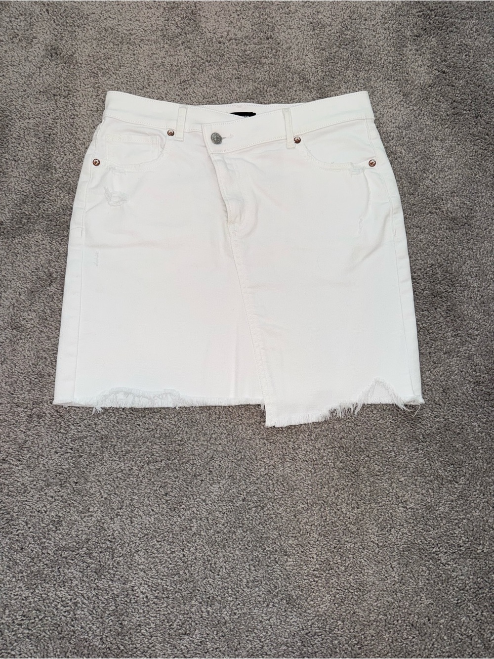 Express White Denim Mini Skirt with Frayed Hem